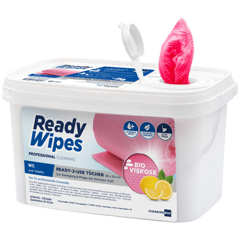 CleaningBox 5-in-1 Kompostierbare ReadyWipes WC & Toilette 50er Spenderbox Rot, 30x30 cm