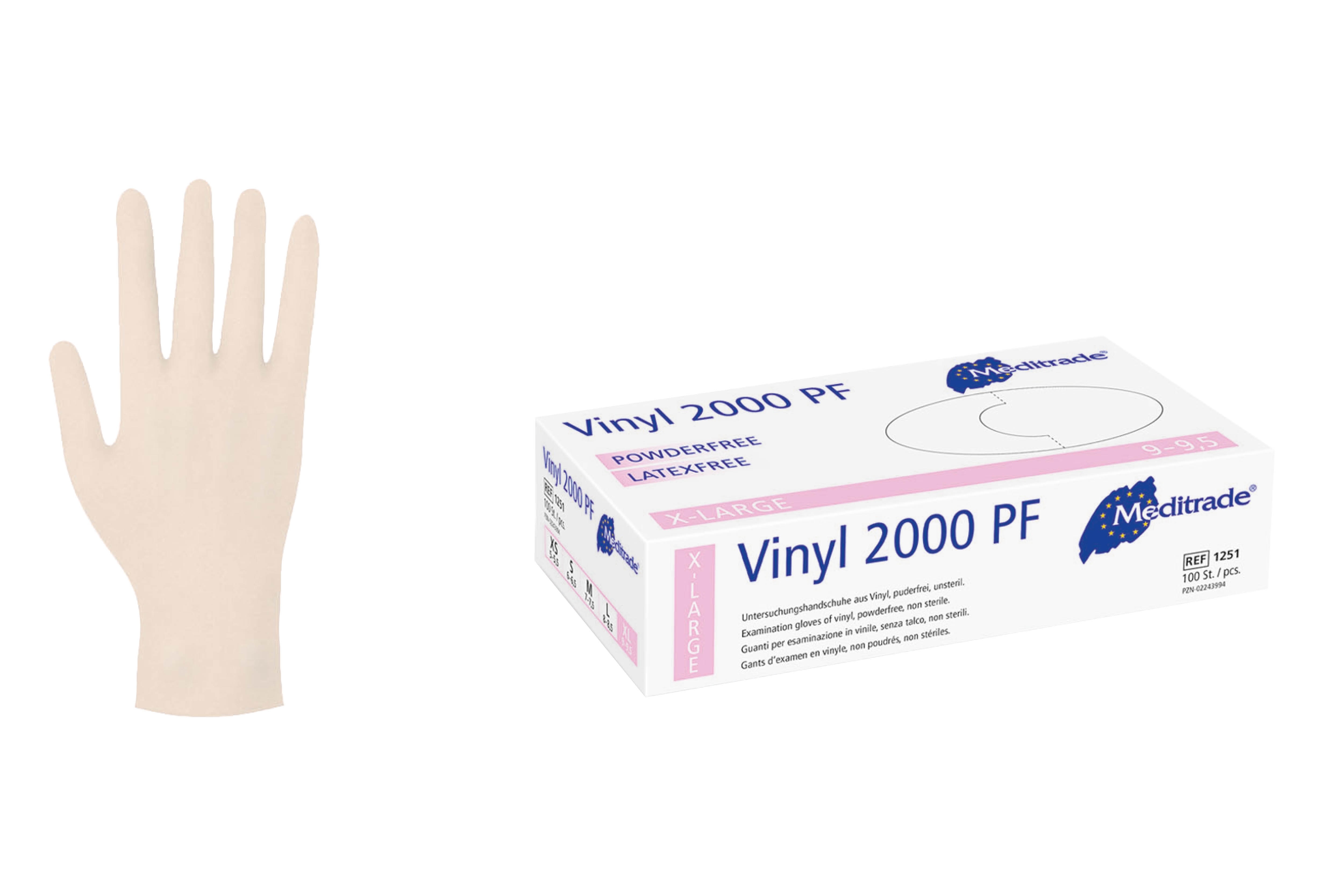 Hochwertige Vinyl Einmalhandschuhe bei med100.de mit EN 455-1 / -2 / -3/ -4 Zertifizierung. Puderfrei, und beidhändig passend. Geeignet für die Ärzte und den Kontakt mit nicht fettigen Lebensmitteln.